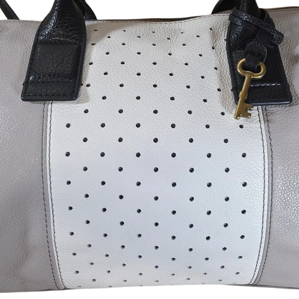 Fossil Jori Large Satchel Purse Gray White Leather Handbag Top Handle Bag w/ Key
